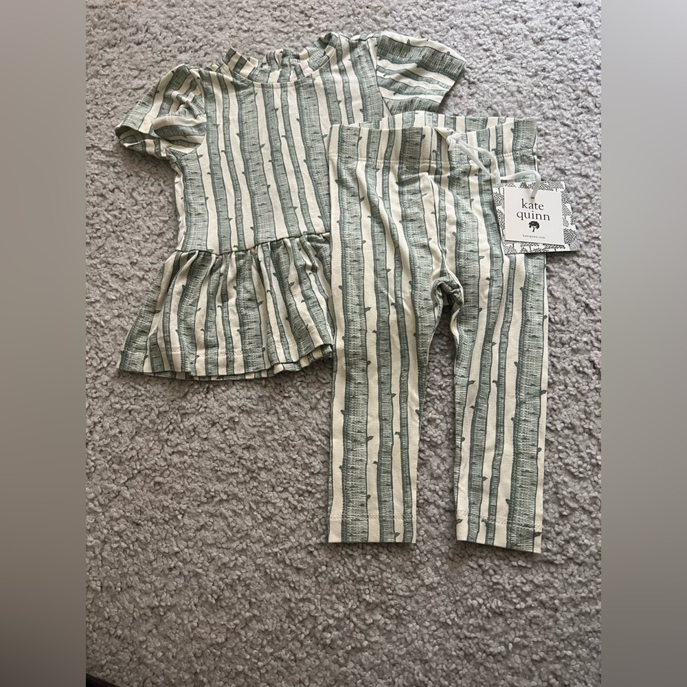 Kate Quinn Kids Pajama Set in Green and Cream Stripes - Picture 1 of 7